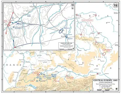 Map with scattered lines showing the westward advance of the French army.