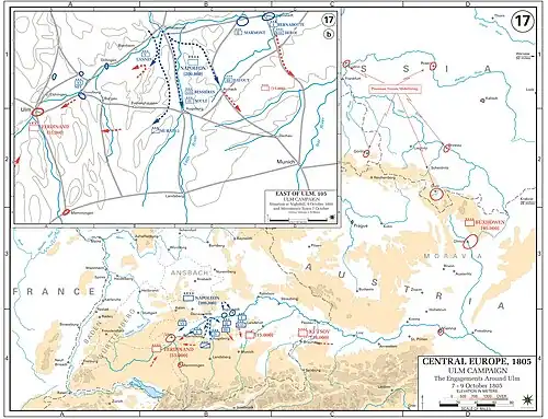 Map with blue scattered lines showing the advance of the French army to the rear of the Austrians, whose actions are shown with red scattered lines.
