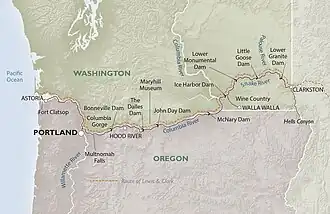 A map showing the lower Snake and Columbia rivers, with locations of dams, cities and significant landmarks indicated
