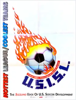 A soccer ball on fire, with the league's name printed along the circumference of the ball to its bottom right.