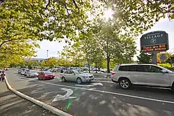 Entrance to University Village, advertising 800 parking spaces