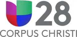 At left, the Univision logo, consisting of red, purple, green and blue blocks in the shape of a U. At right, a gray 28 in a sans serif. Below, the words Corpus Christi in all caps in gray.