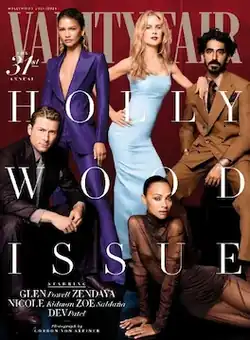 Cover of Vanity Fair (UK) magazine showing Glen Powell, Zendaya, Nicole Kidman, Zoe Saldana, and Dev Patel in Hollywood 2024/2025 issue