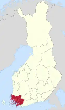 Southwest Finland on a map of Finland