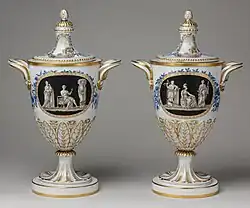 Neoclassical vases with covers; 1784-1795; soft-paste porcelain; height (with cover): 47.6 cm; made at the Real Fábrica del Buen Retiro; Metropolitan Museum of Art