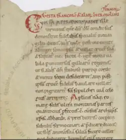 The first lines of a medieval prose Latin manuscript, with a red rubric.