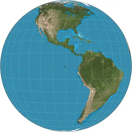 Image 3 General Perspective projection Map: Strebe, using Geocart The General Perspective projection is a map projection used in cartography in which the Earth is depicted as viewed from a finite distance above its surface. If the view precisely faces the center of the Earth, the projection is a vertical perspective projection; otherwise, it is a tilted perspective projection. Here is shown a vertical perspective from an altitude of 35,786 km over (0°, 90°W), corresponding to a view from geostationary orbit. Due to the horizon as seen from the viewpoint position, the projection always shows less than half of the Earth's surface: in this case neither of the North and South Poles is visible. More selected pictures