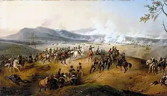 A painting of the Battle of Castiglione. A line of soldiers are firing muskets over a hill, and grassy hills rise in the background.