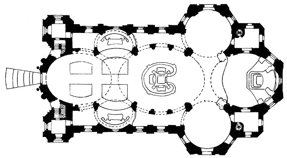 Plan of the Late Baroque Basilica of the Fourteen Holy Helpers by Balthasar Neumann, constructed between 1743 and 1772. The altar is in an oval in the center.