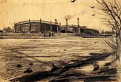 A watercolor of gas tanks at a gasworks