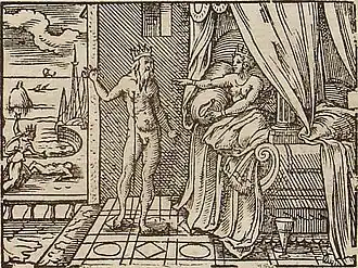 Morpheus appears to Alcyone. Engraving by Virgil Solis for Ovid's Metamorphoses Book XI, 650–749.