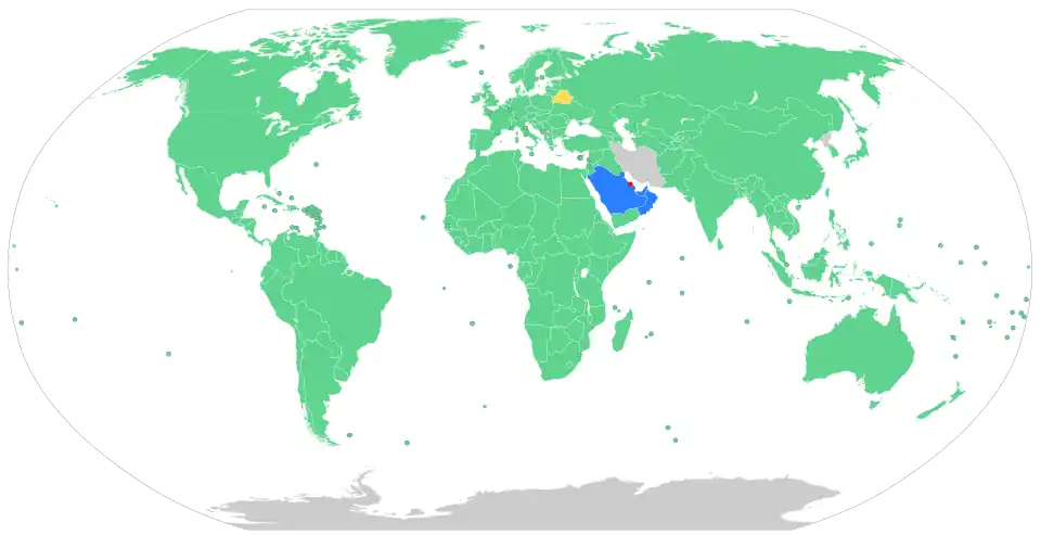 Map with legend for Bahrain's visa policy.
