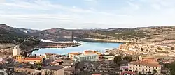 General view of Nuévalos, in the province of Zaragoza, Spain, from La Tranquera Dam on the river Piedra