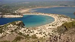 View from Nestor's Cave looking down to the beach and the lagoon