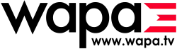 In lowercase in a geometric sans serif in black, the letters "w a p a" next to a motif of three red stripes echoing those in Puerto Rico's flag.