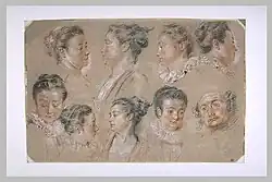 Studies of Women's Heads and a Man's Head; by Antoine Watteau; first half of the 18th century; sanguine, black chalk and white chalk on gray paper; 28 × 38.1 cm
