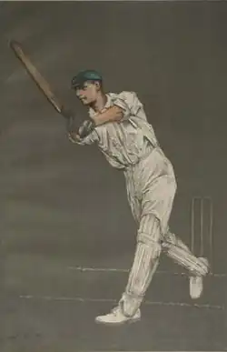 A colour caricature of a cricketer holding a cricket bat