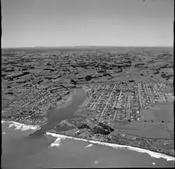 Aerial photo of Waitara, New Zealand by White's Aviation in 1958