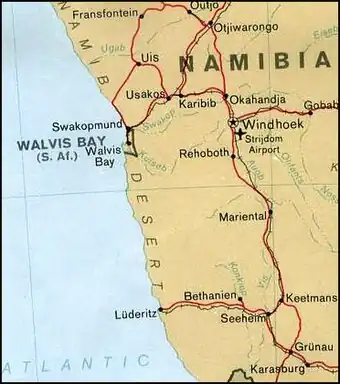 Map showing Walvis Bay as South African territory surrounded by Namibia.