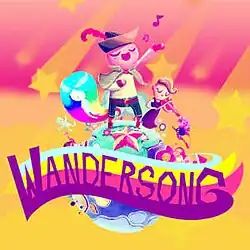 "Wandersong" written in a stylised font, in front of a depiction of a bard singing on top of a planet with characters and landscapes visible.