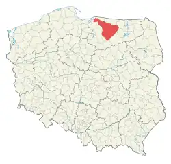 Location of Warmia (shown in red) on the map of Poland