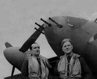 Braham (right) with his long-serving radio and radar operator Wing Commander Bill "Sticks" Gregory, 1943. Gregory survived the war and died in 2001