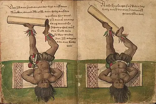 Das Ist ain Indianer der ligt auff dem Rucken, vnnd Wirfft ain holtz aus der versten heraus, Ist aines mans lang vnnd so schwer hat auf der Erdt ain lötter vnder Im Ist als gros als ain kalbs vell p. 8-9