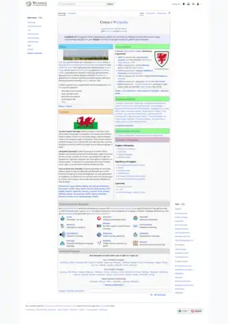 Screenshot of the homepage of the Welsh Wikipedia