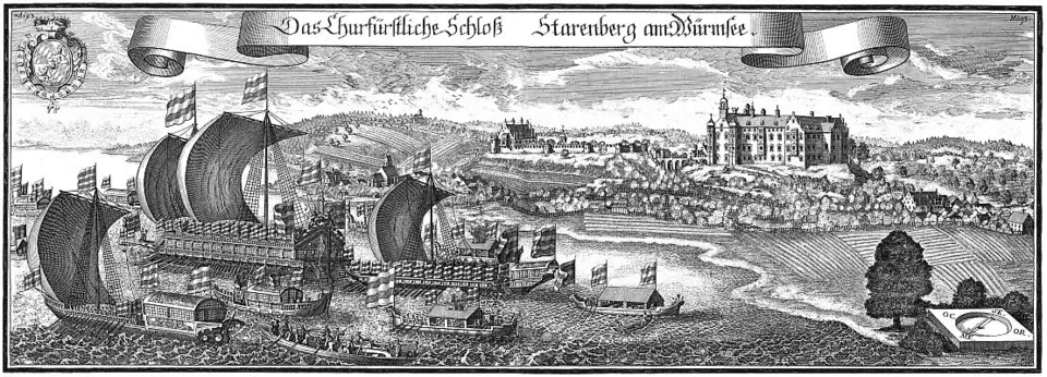 Starnberg Castle and the fleet of magnificent ships, led by the Bucentaurus, a copy of the ship of the Doges of Venice (around 1700)