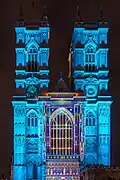 Coloured light projected onto Westminster Abbey by artist Patrice Warrener.
