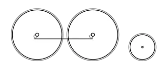 Diagram of two large coupled wheels and a single small trailing wheel