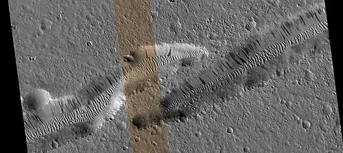 Troughs with dark slope streaks on the wall and transverse aeolian ridges on the floor. The colored strip in the center is about 1 km across.