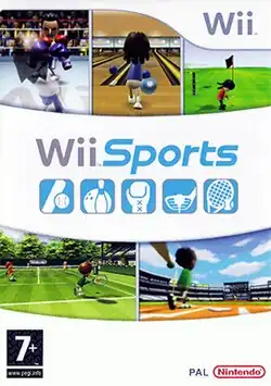Artwork of a vertical rectangular box. The top third displays three screen shots from the game: two characters with boxing gloves fighting in a boxing ring, a character holding a bowling ball at a ball pit, and a character holding a golf at the putting green of a golf course The Wii logo is shown at the upper left corner. The center portion reads "Wii Sports" over five blue boxes depicting different sports equipment. The third displays two more screen shots from the game: a character holding a Tennis racket at a Tennis Court and a character swinging a Baseball bat in a stadium. The PEGI "7+" rating is shown on the bottom left corner and the Nintendo logo is on the bottom right corner.