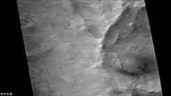 Gullies in small crater on rim of Copernicus Crater, as seen by CTX camera (on Mars Reconnaissance Orbiter). Note: this is an enlargement of a previous image of the eastern edge of Copernicus.