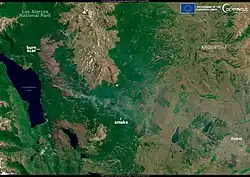 Copernicus Programme February 2024 satellite imaging of wildfires in Argentina's Los Alerces National Park showing several burn scars and smoke trails.