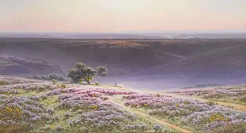 William Didier-Pouget, ca.1902-1903, Hauts Plateaux de la Corrèze, oil on canvas, 47.5 x 83.5&nbsp;cm. (18 3/4 x 32 3/4 in.). Sale, Bonhams London, Tuesday, March 27, 2007, Lot 76 (entitled Bruyères en fleurs)