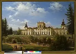 Wincenty Kasprzycki's View of the Palace from the Park, held in the National Museum in Warsaw, shows the wing of the palace in which David's painting was shown before 1834.