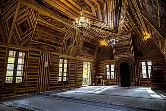 Wooden prayer hall of the Wooden Mosque, a building which is concentrated with wood, in Nishapur, Iran
