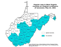 Image 13Counties (in blue) approving Virginia's secession from the U.S in order to join the Confederacy. (from History of West Virginia)