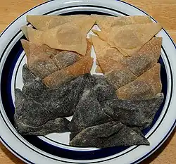 Assorted nama yatsuhashi; flavors, from top to bottom: tofu, cinnamon, sesame