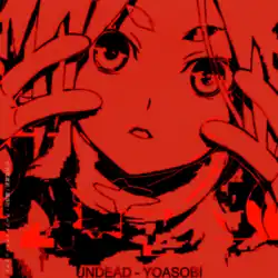 The face of Monogatari character Yotsugi Ononoki making V sign with both hands in solid red and black