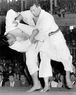 Image 27Yoshihiko Yoshimatsu attempting to throw Toshiro Daigo with an uchi mata in the final of the 1951 All-Japan Judo Championships (from Judo)