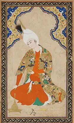 Young prince, wearing a coat with scenes of warriors taking prisoners. Court of Shah Tahmasp, c. 1550