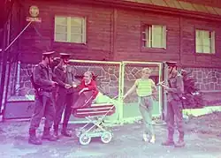 Village residents interact with members of the Strażnica WOP Niedamirów, a local division of the Border Protection Forces, 1990