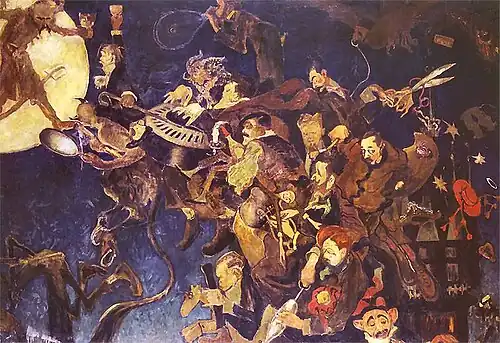 Caricature: At the Green Balloon; 1908, oil on canvas, 147 × 204 cm, Adam Mickiewicz Museum of Literature, Warsaw.