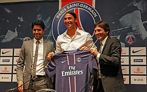 conference de presse au Parc des Princes a Paris pour la presentation de la nouvelle star du PSG, Zlatan Ibrahimovic, en presence du President Nasser al Khelaifi et du Directeur sportif Leonardo.