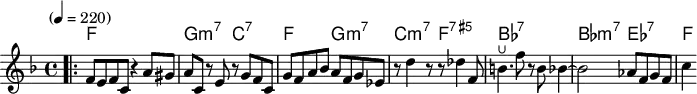 
\version "2.22.0"

\header { tagline = "" }

global = {
  \time 4/4
  \key f \major
  \set Score.tempoHideNote = ##f
  \tempo "" 4=220
  \set chordChanges = ##t
}

chordNames = \transpose c c, \chordmode {
  \global
  f1 |
  g2:m7 c2:7 |
  f2 g2:m7 |
  c2:m7 f2:7.5+
  bes1:7 |
  bes2:m7 es2:7 |
  f4
}

melody = \relative c' {
  \bar ".|:"
  f8 e f c r4 a'8 gis |
  a c, r e r g f c |
  g' f a bes a f g es |
  r8 d'4 r8 r des4 f,8 |
  b4.^\lheel f'8 r b, bes4~ |
  bes2 as8 f g f |
  c'4
}

\score {
  <<
    \new ChordNames \chordNames
    \new Staff {
      \global
      \melody
    }
  >>
  \layout { }
}

\score {
  \unfoldRepeats
  <<
    \new ChordNames \chordNames
    \new Staff {
      \global
      \melody
    }
  >>
  \midi { }
}
