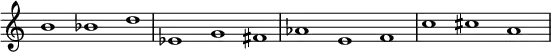 {
\override Score.TimeSignature
#'stencil = ##f
\override Score.SpacingSpanner.strict-note-spacing = ##t
\set Score.proportionalNotationDuration = #(ly:make-moment 1/1)
\relative c'' {
\time 3/1
\set Score.tempoHideNote = ##t \tempo 1 = 60
b1 bes d
es, g fis
aes e f
c' cis a
}
}