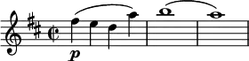 \relative c'' { \clef treble \key d \major \time 2/2 fis\p( e d a') | b1( | a) }