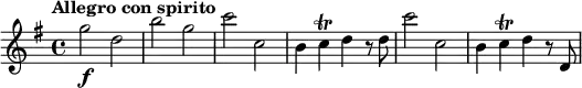 \relative c''' {
\key g \major
\tempo "Allegro con spirito"
g2\f d | b' g | c c, | b4 c4\trill d4 r8 d | c'2 c, | b4 c4\trill d4 r8 d,
}
